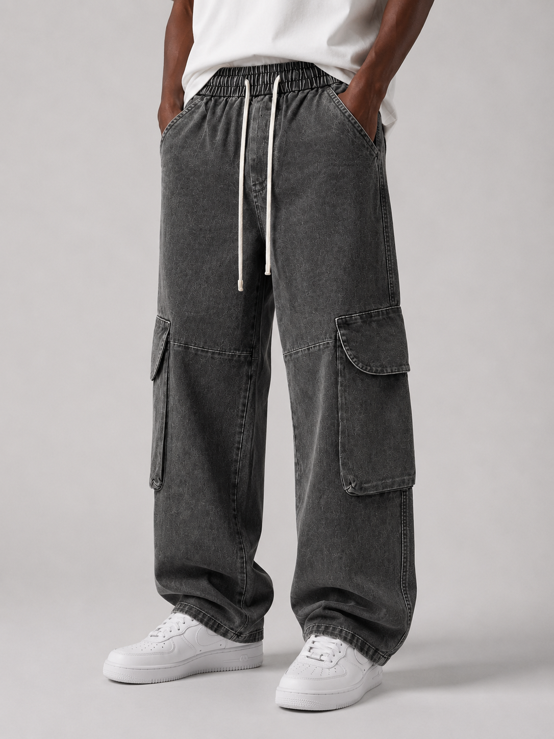 Wide Leg Washed Cargo Jeans