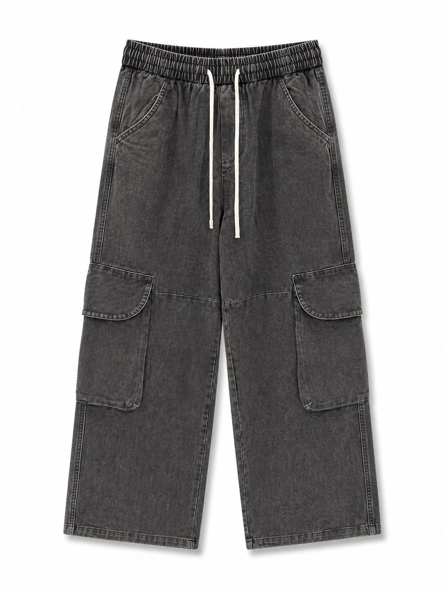 Wide Leg Washed Cargo Jeans