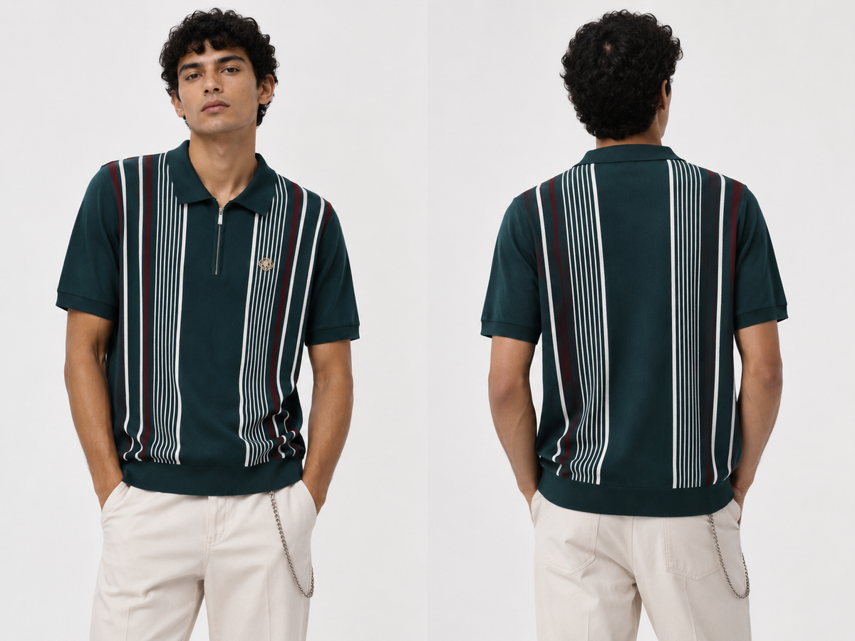 Vertical Stripe Zip Polo LORO PIANA– Forest Green